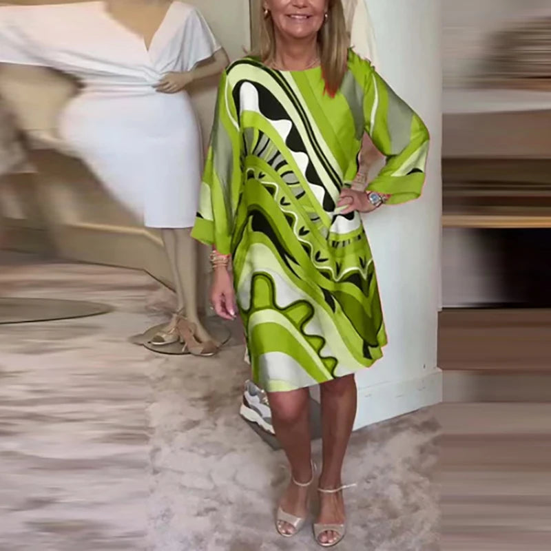 Elegant Crew-Neck Printed Office Dress