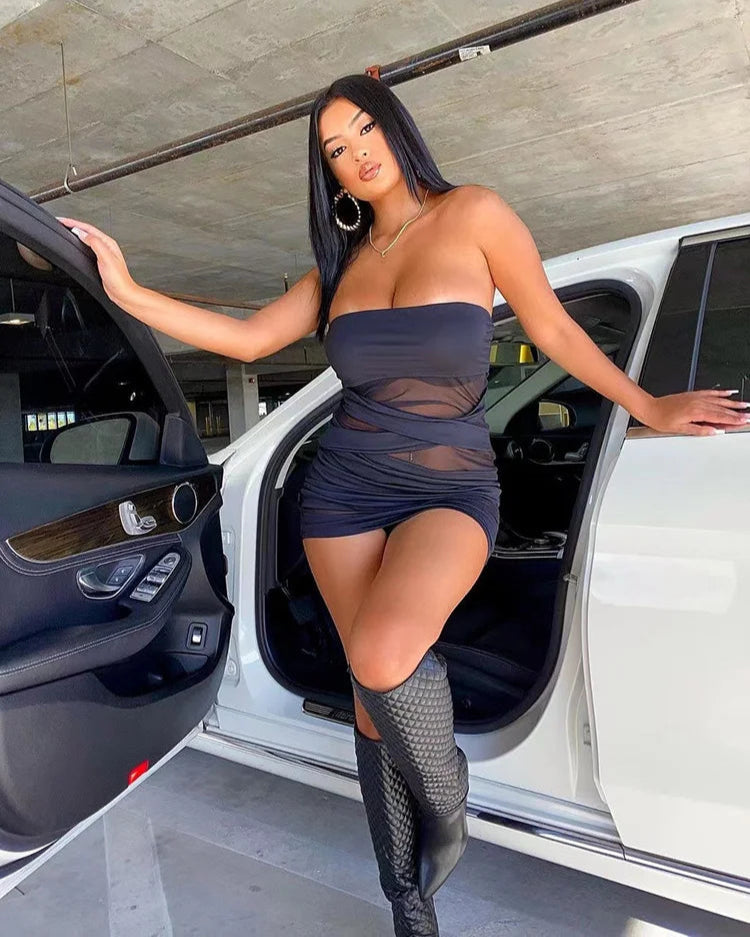 Strapless Patchwork Mesh Bodycon Dress