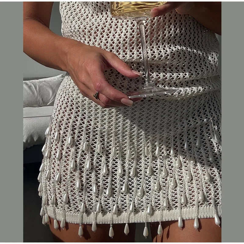 Sexy Pearl Knitted Backless Dress